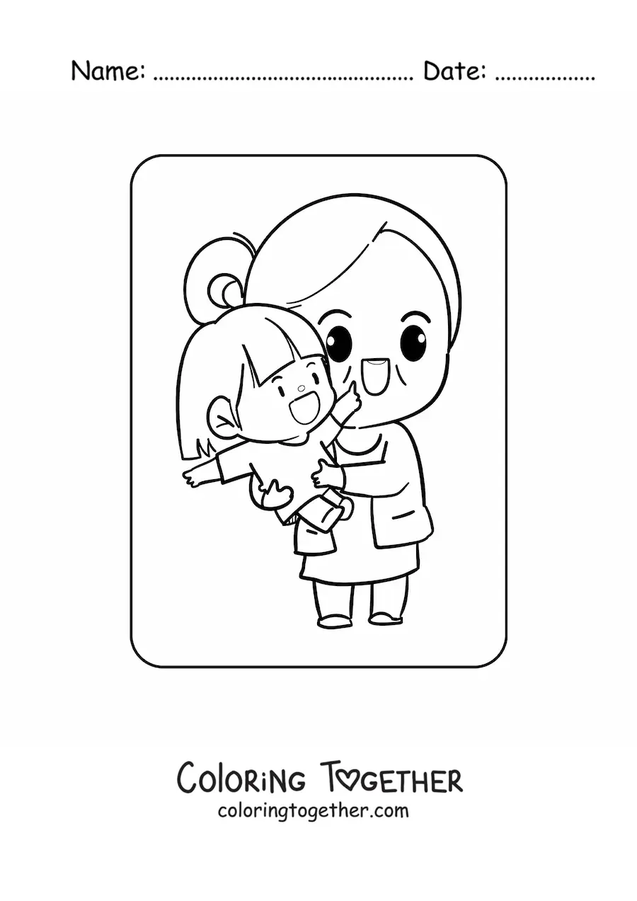 Coloring page of a kawaii grandmother holding her granddaughter on Grandparents' Day