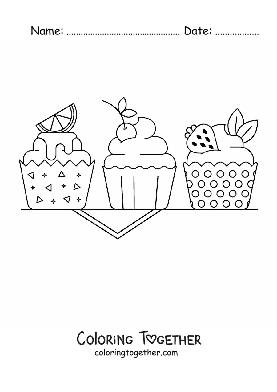 Coloring page of three cupcakes decorated with lemon, cherry, and strawberry