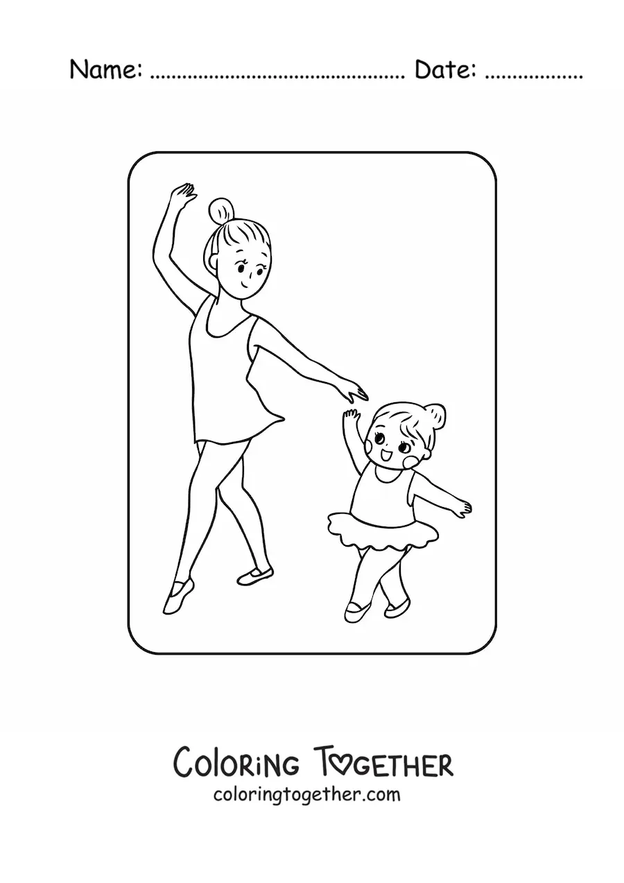 Coloring page of a kawaii girl dancing ballet with her mom on Mother's Day