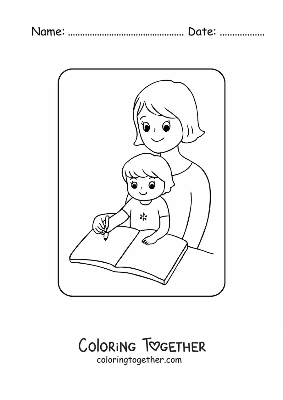 Coloring page of a kawaii girl doing homework with her mom on Mother's Day