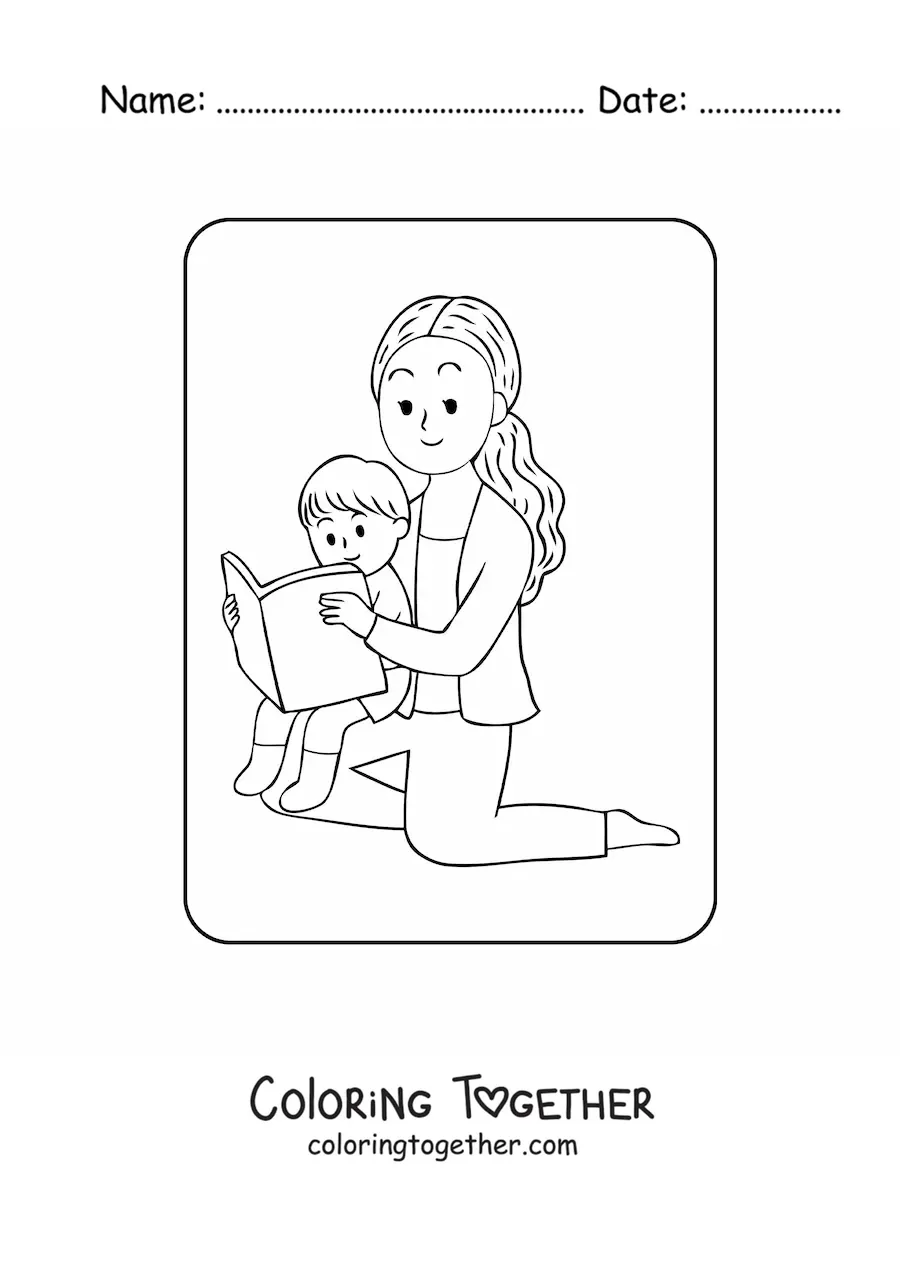 Coloring page of a kawaii boy reading with his mom on Mother's Day