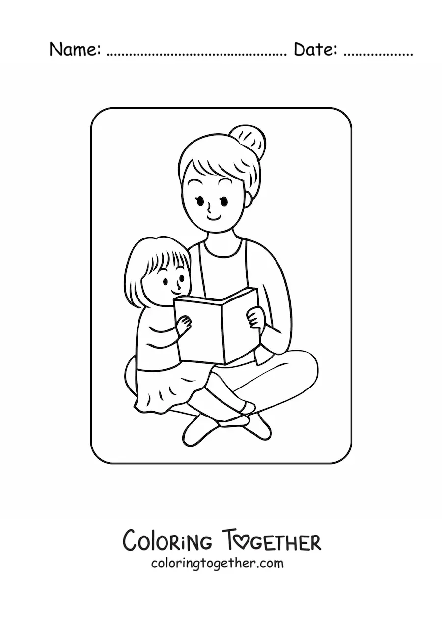 Coloring page of a kawaii girl reading with her mom on Mother's Day