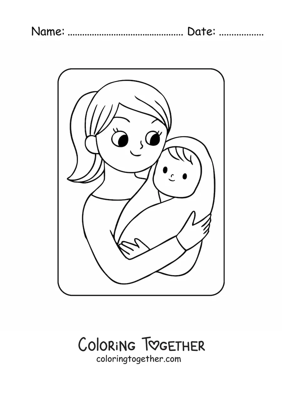 Coloring page of a kawaii baby in his mom's arms on Mother's Day