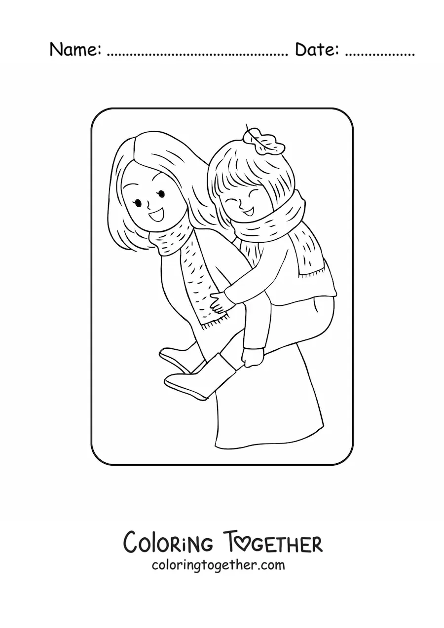 Coloring page of a kawaii mom holding her daughter