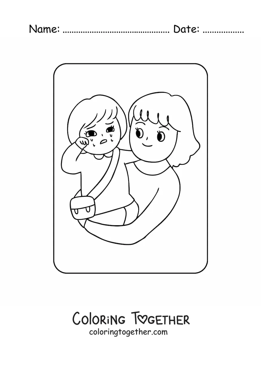 Coloring page of a kawaii girl crying in her mom's arms