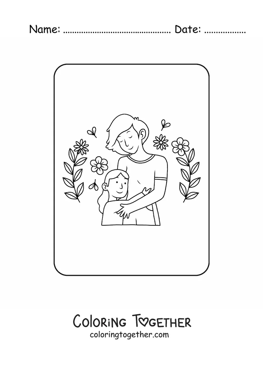 Coloring page of a kawaii girl hugging her mom on Mother's Day