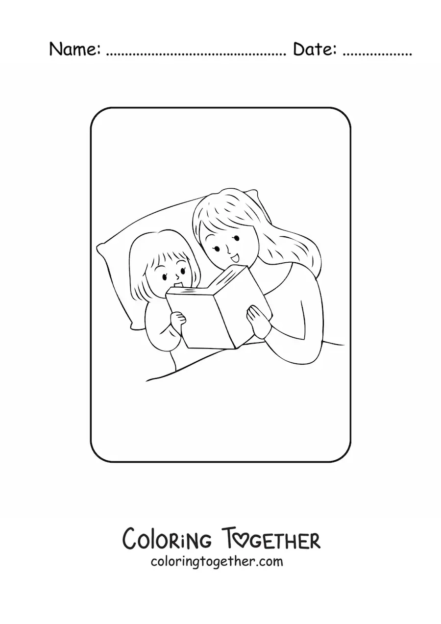 Coloring page of a mom reading a story to her daughter