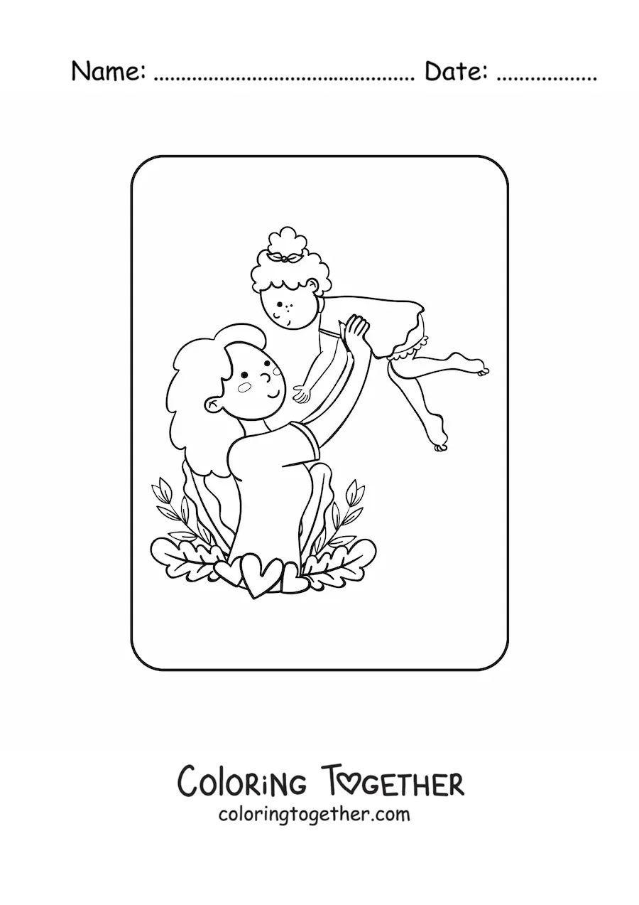 Coloring page of a mom holding her daughter