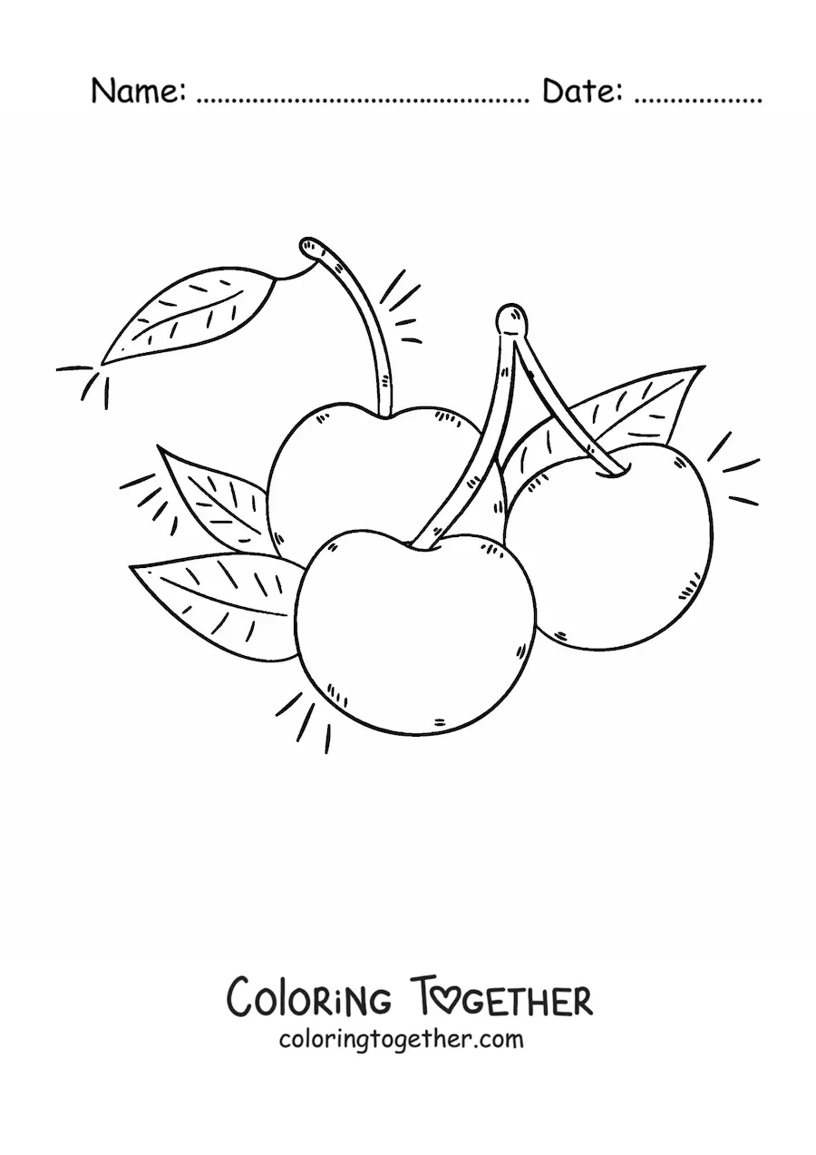 Coloring page of three cherries with their leaves