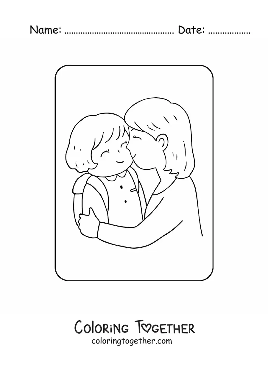 Coloring page of a mom giving her daughter a kiss before school