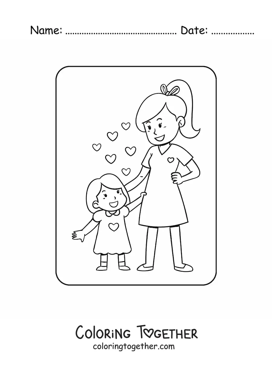 Coloring page of a kawaii girl with her mom surrounded by hearts