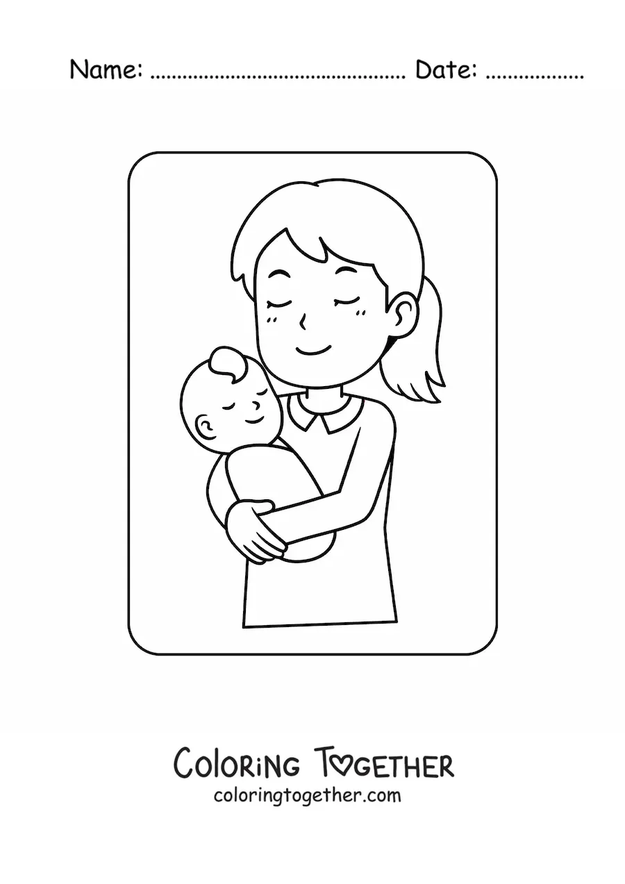 Coloring page of a mother holding her baby