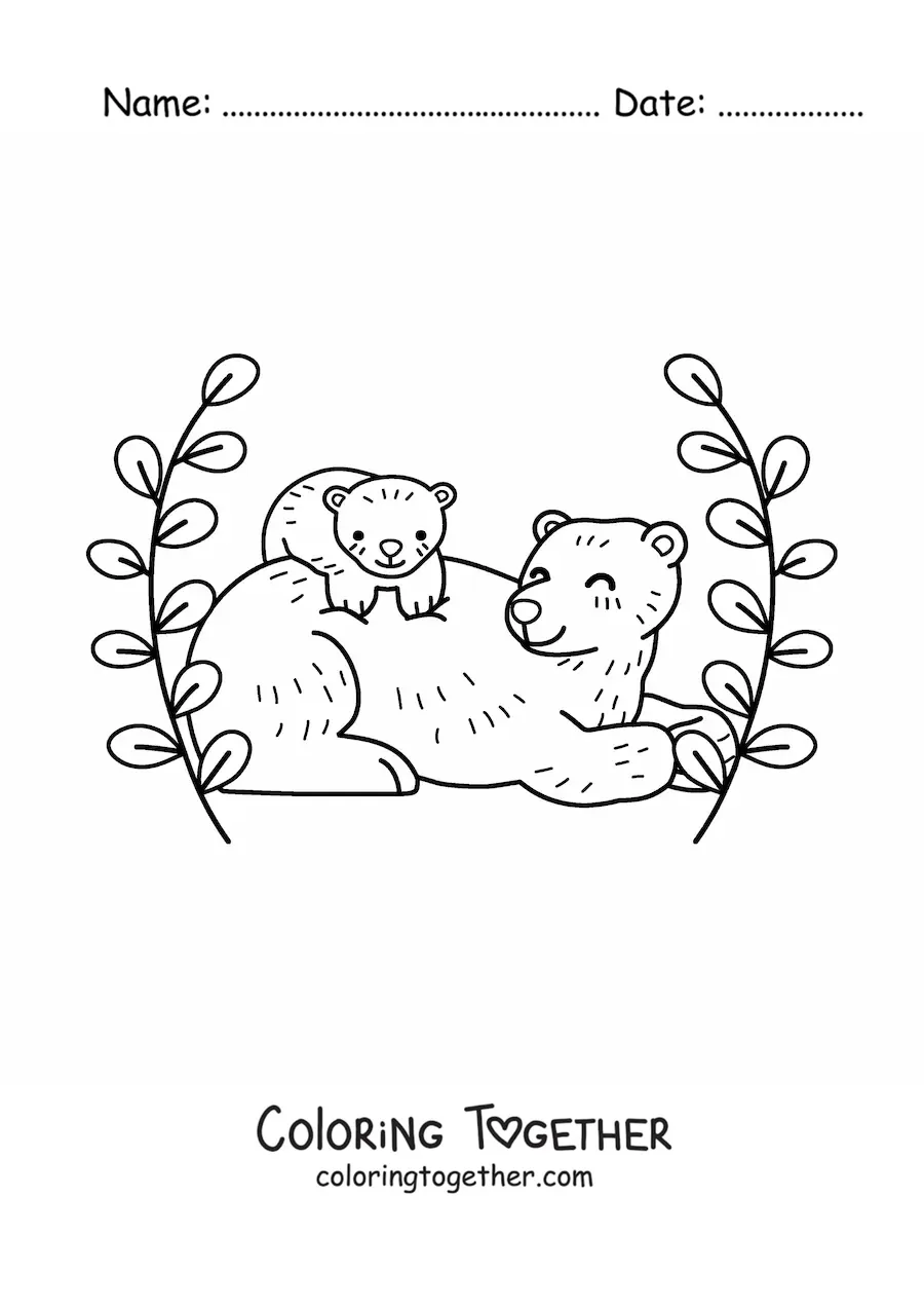 Coloring page of a mother bear with her cub