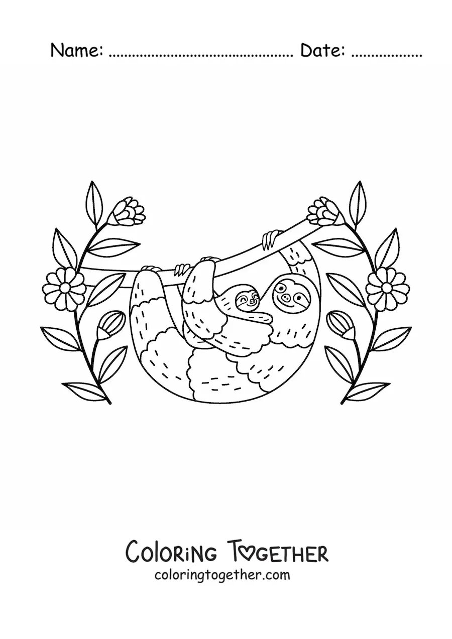 Coloring page of a mother sloth with her baby