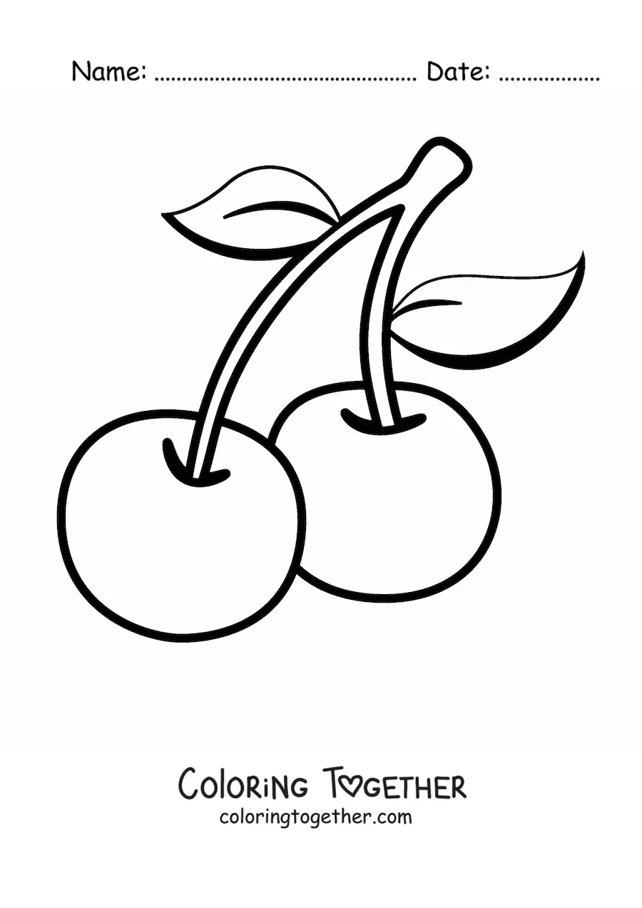 Coloring page of two cherries with leaves