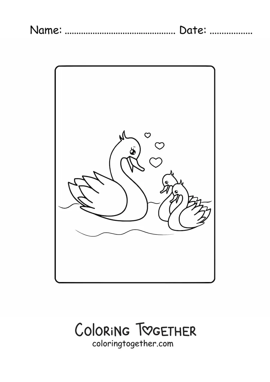 Coloring page of a mother duck with her ducklings