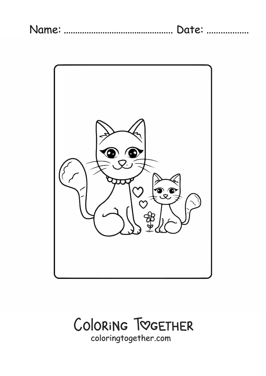 Coloring page of a mother cat with her kitten