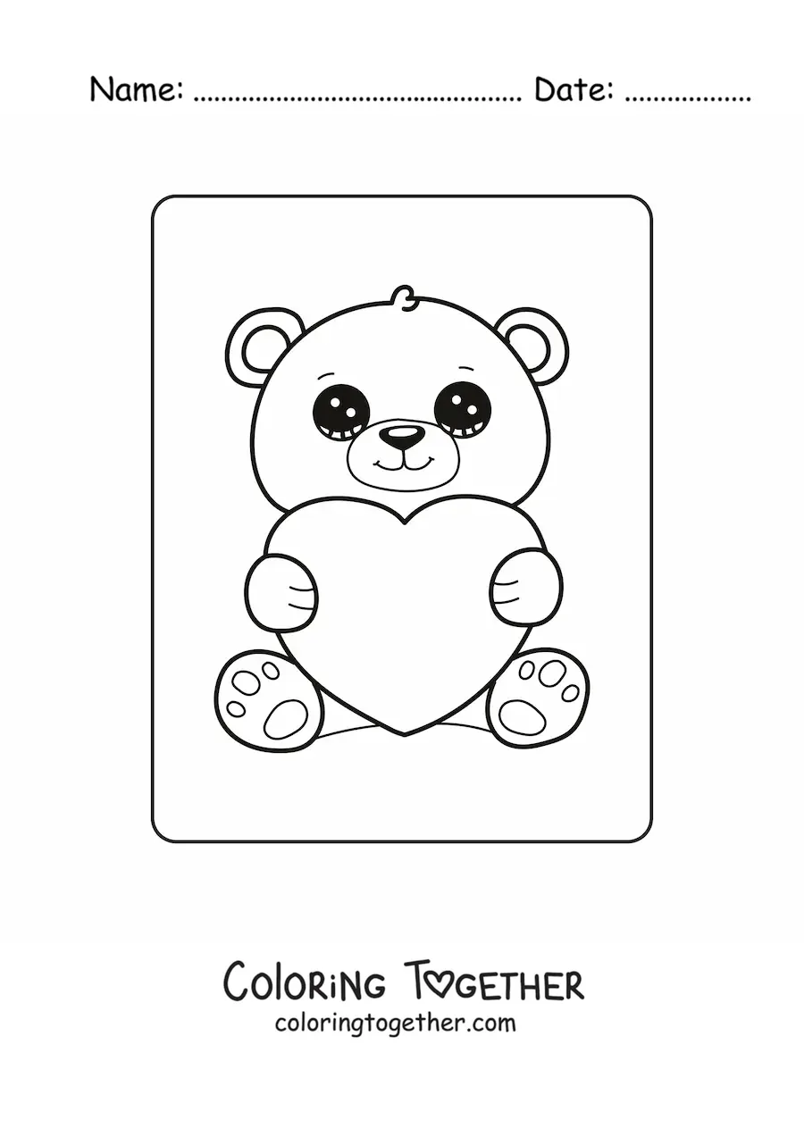 Coloring page of a kawaii bear with a Valentine's heart
