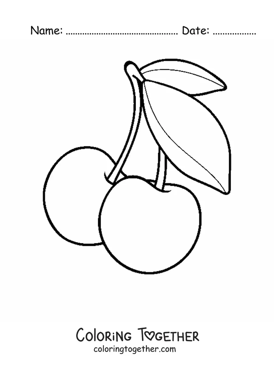 Coloring page of two cherries with leaves