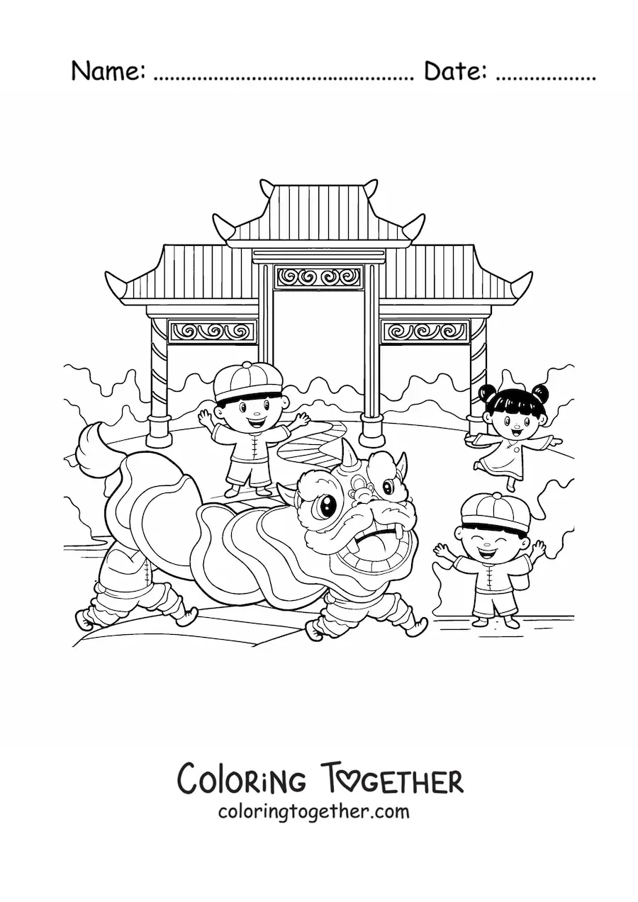 Coloring page of children celebrating Chinese New Year