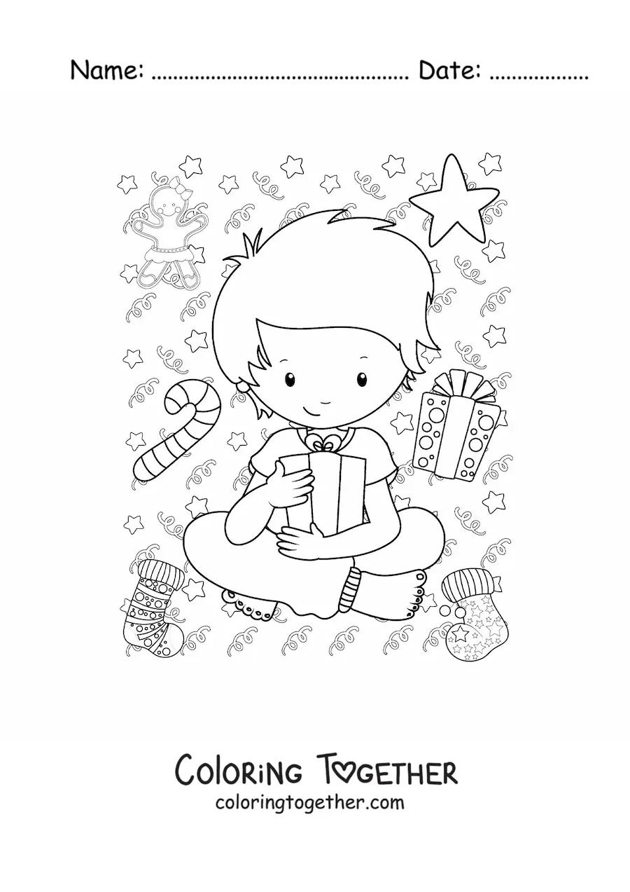 Coloring page of a boy with a New Year's gift