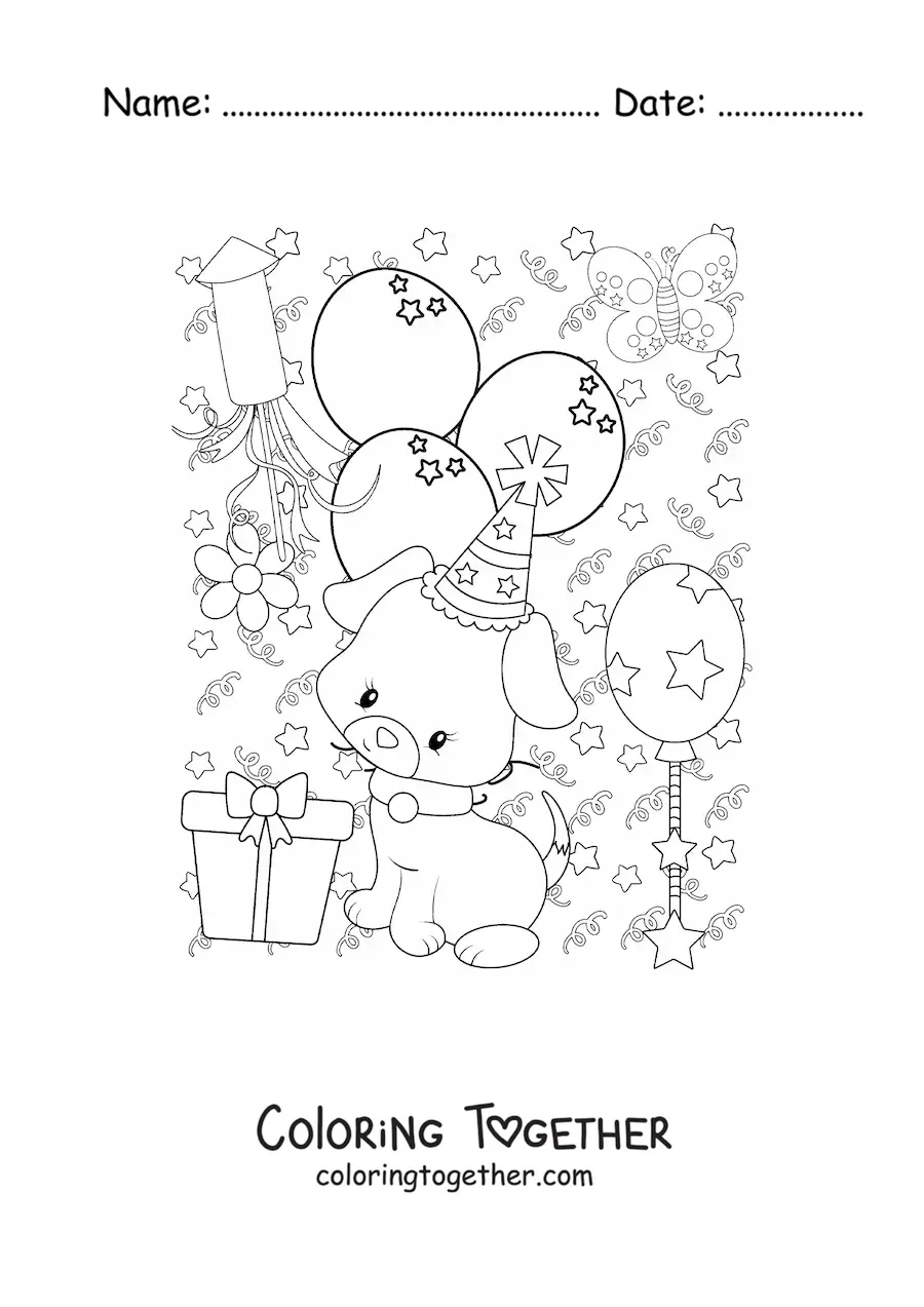 Coloring page of an animated dog with New Year's balloons