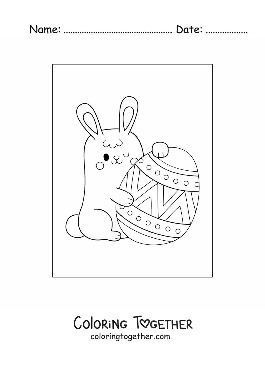 Coloring page of a kawaii bunny with a giant Easter egg