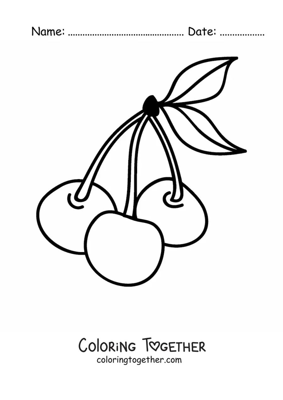Coloring page of three cherries with leaves