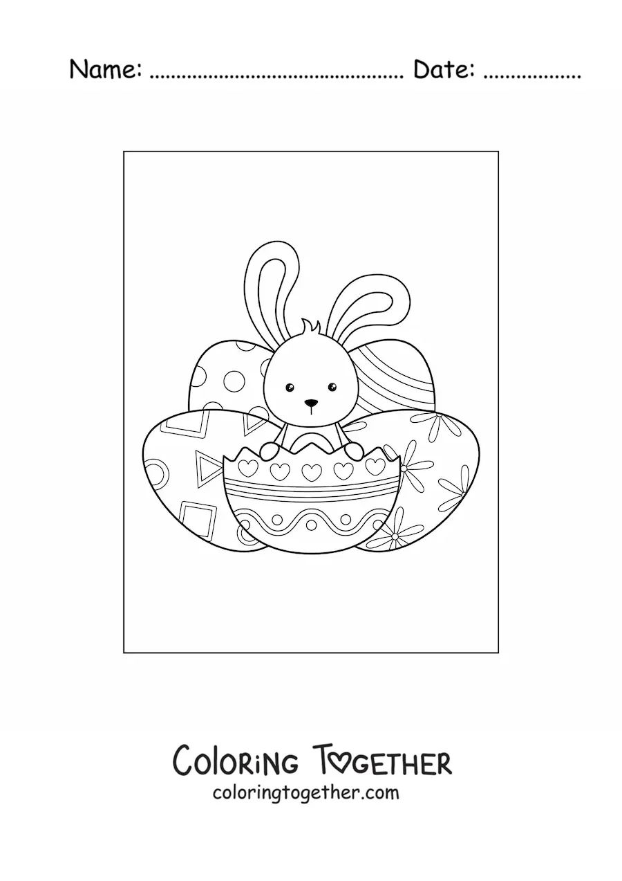 Coloring page of a kawaii bunny with Easter eggs