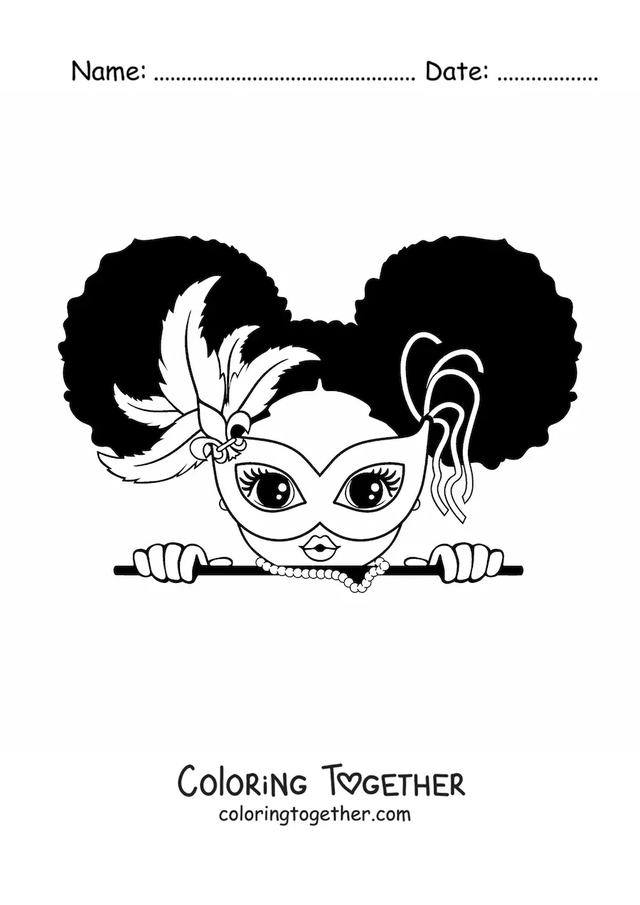 Coloring page of a kawaii girl with a Carnival mask