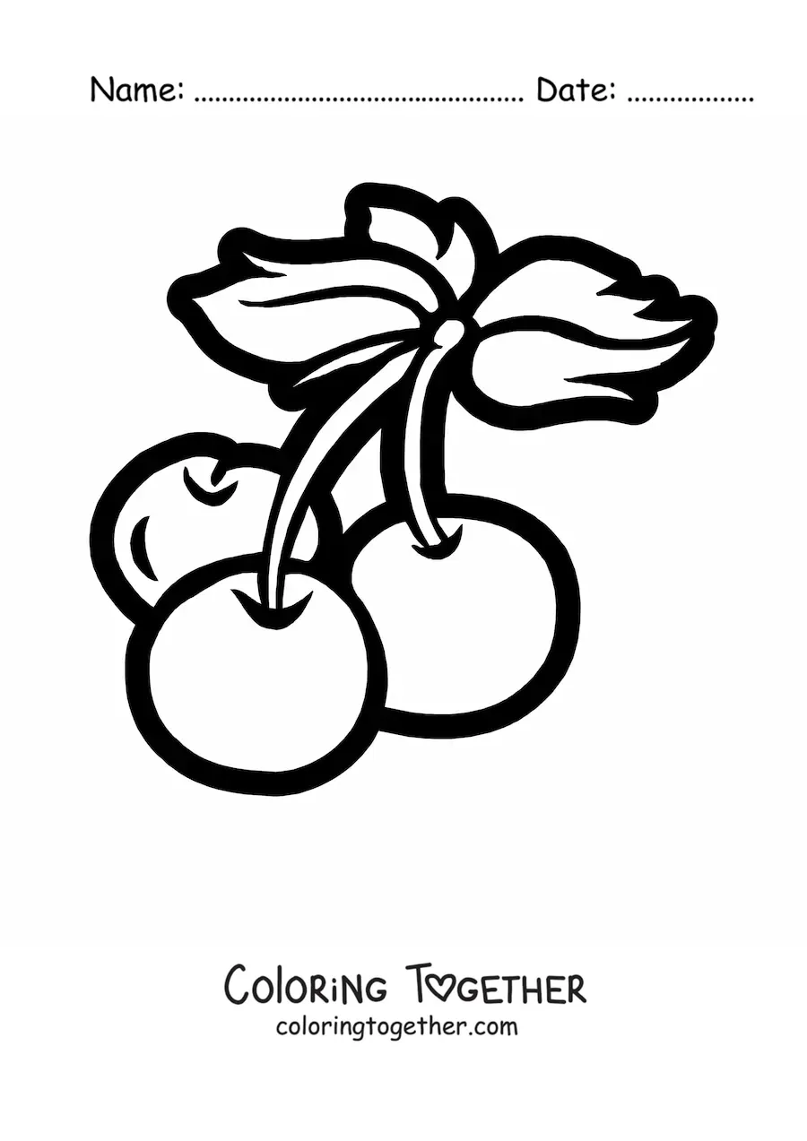 Coloring page of three cherries with leaves
