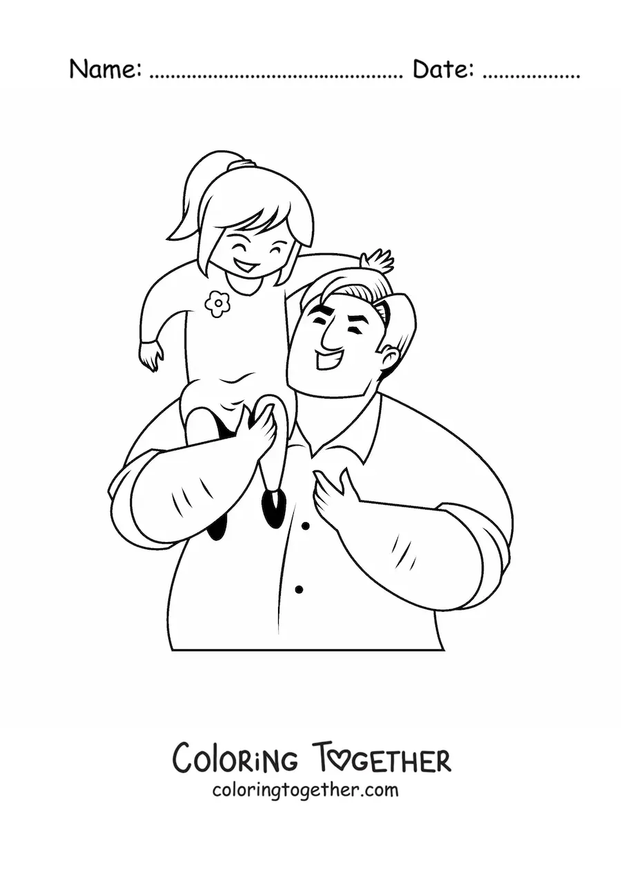 Coloring page of a dad holding his daughter
