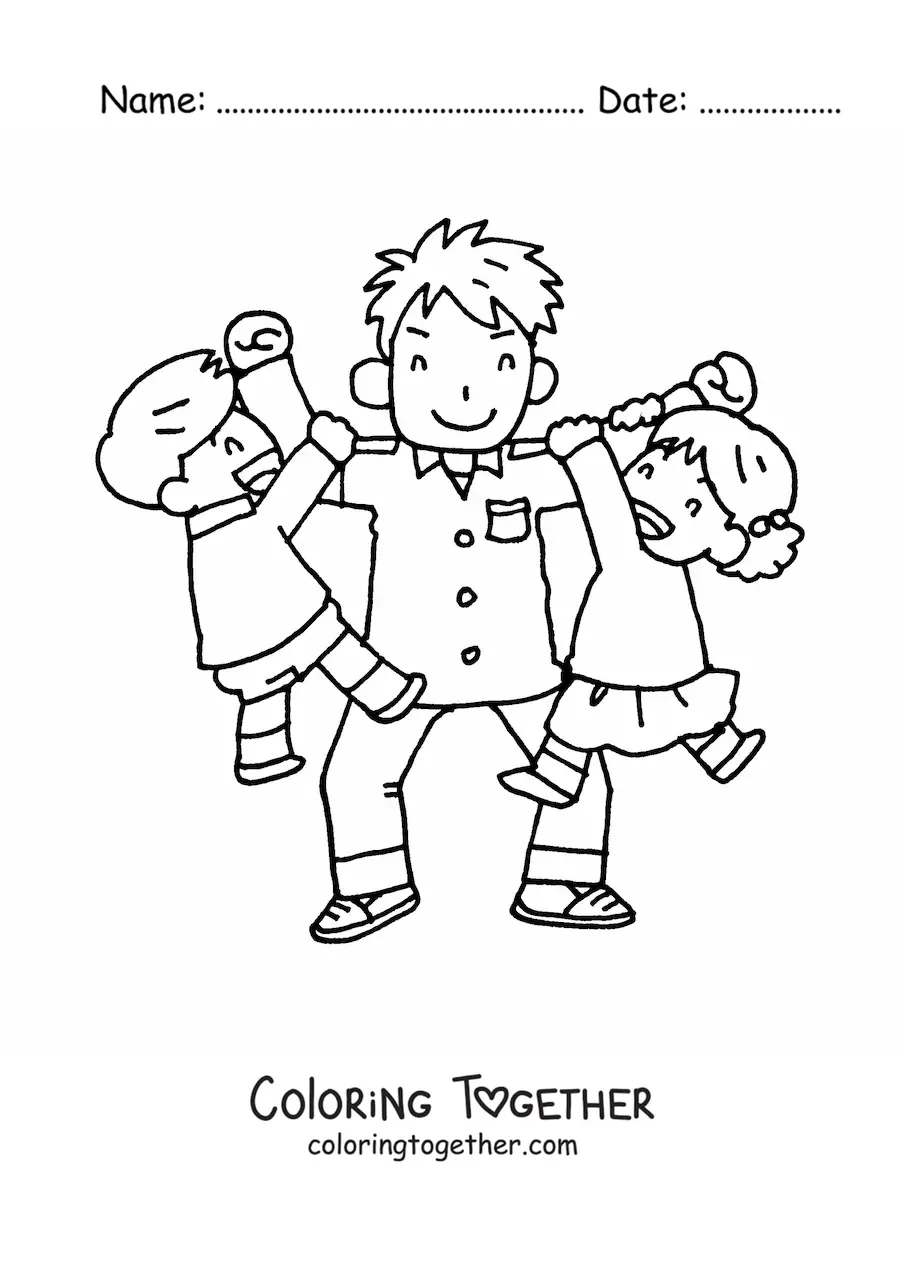 Coloring page of a dad playing with his children