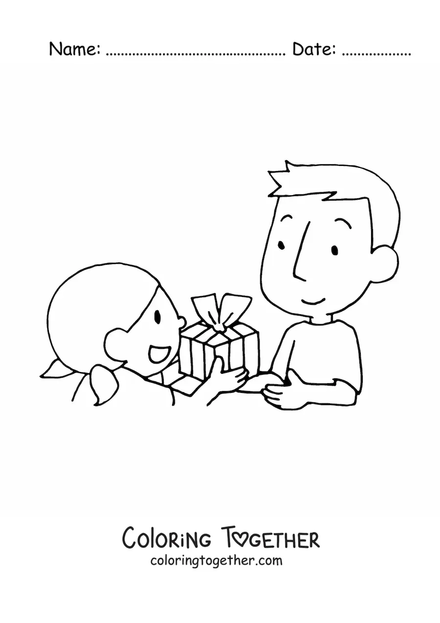 Coloring page of a girl giving a gift to her dad on his day