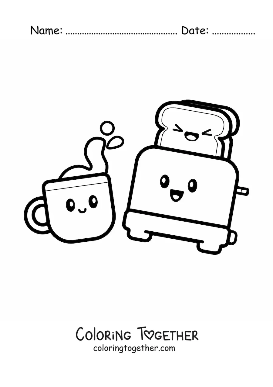 Coloring page of a cute kawaii coffee and toast breakfast