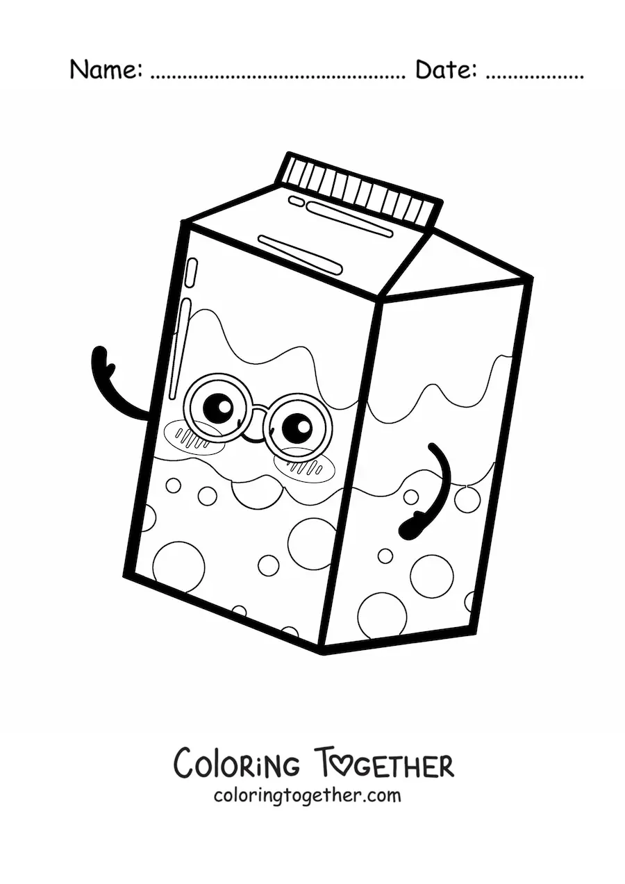 Coloring page of a cute kawaii milk carton with glasses