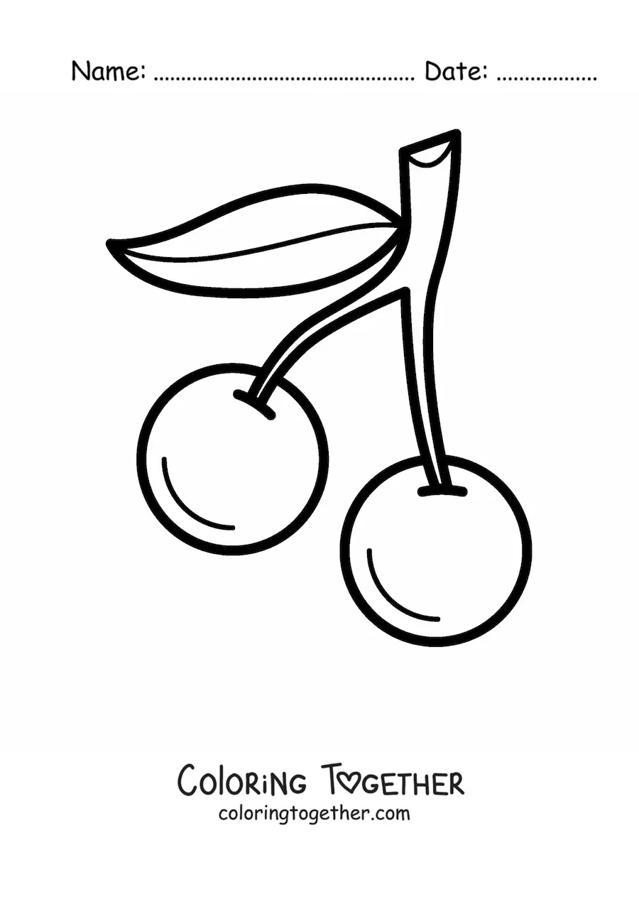 Coloring page of two cherries with a leaf