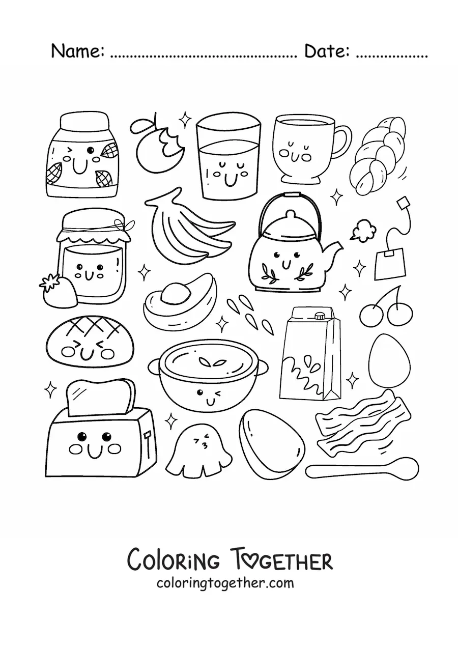 Coloring page of cute kawaii breakfast foods