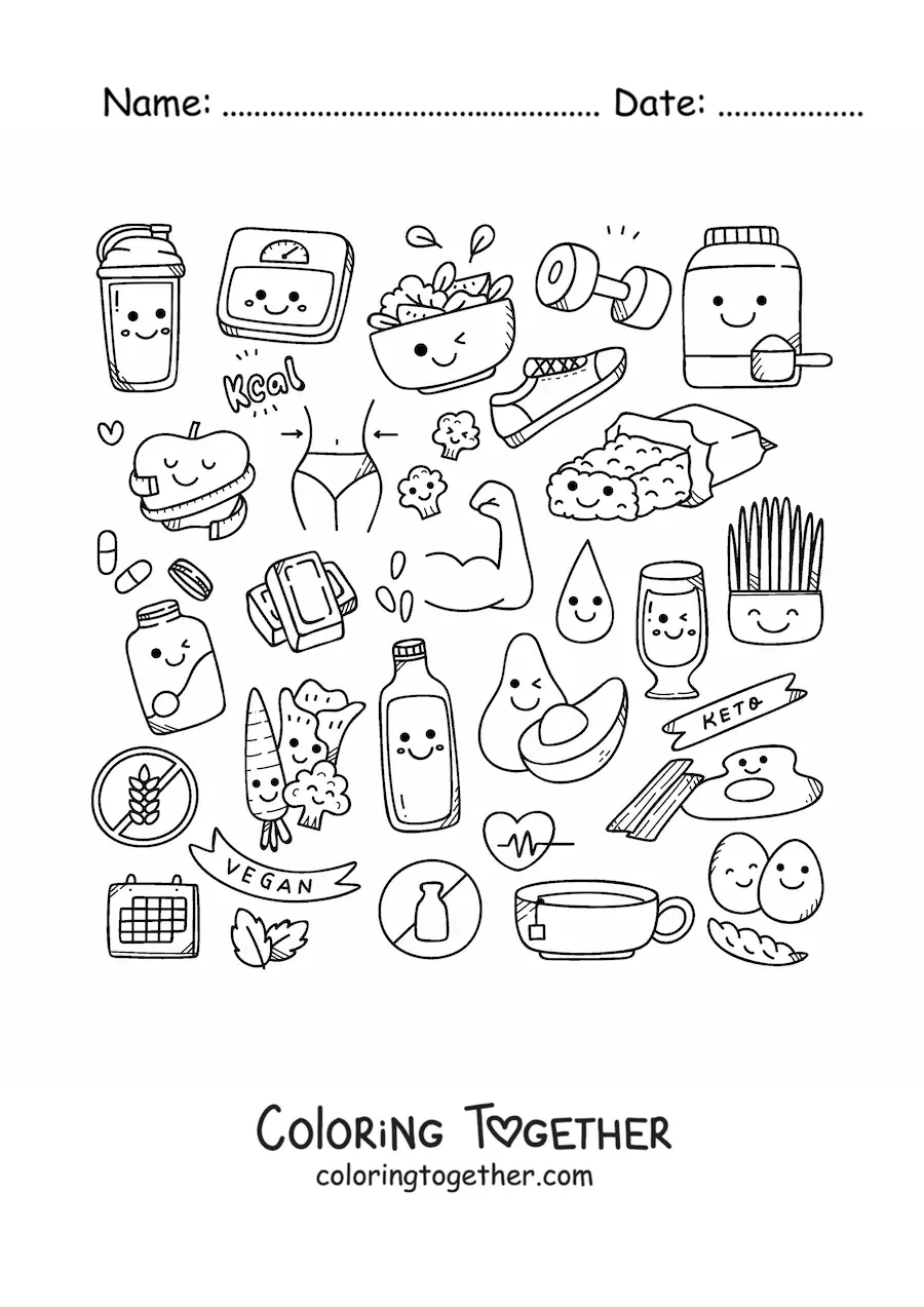 Coloring page of cute kawaii healthy foods