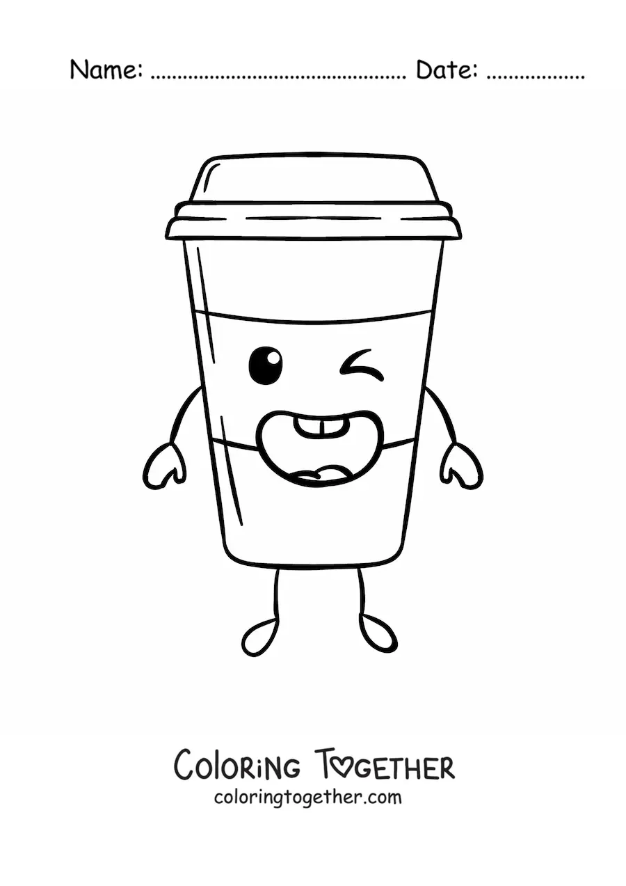 Coloring page of an easy cute kawaii coffee cup