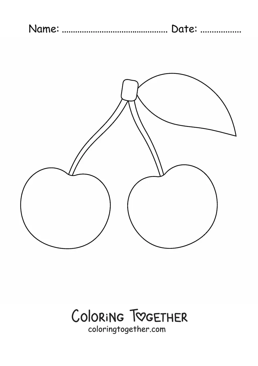 Coloring page of two cherries with a leaf