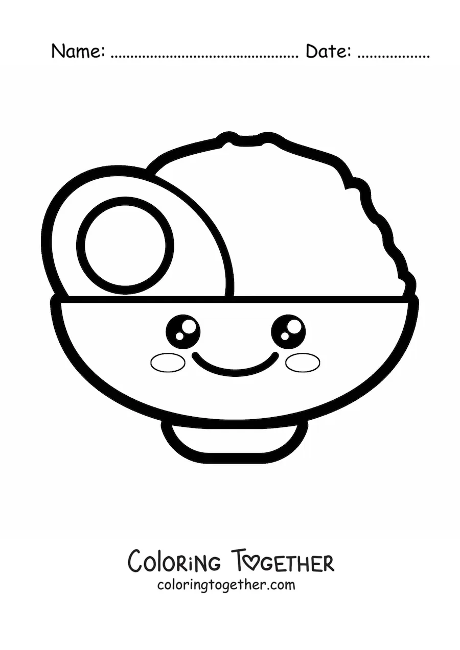 Coloring page of an easy cute kawaii plate of rice with egg