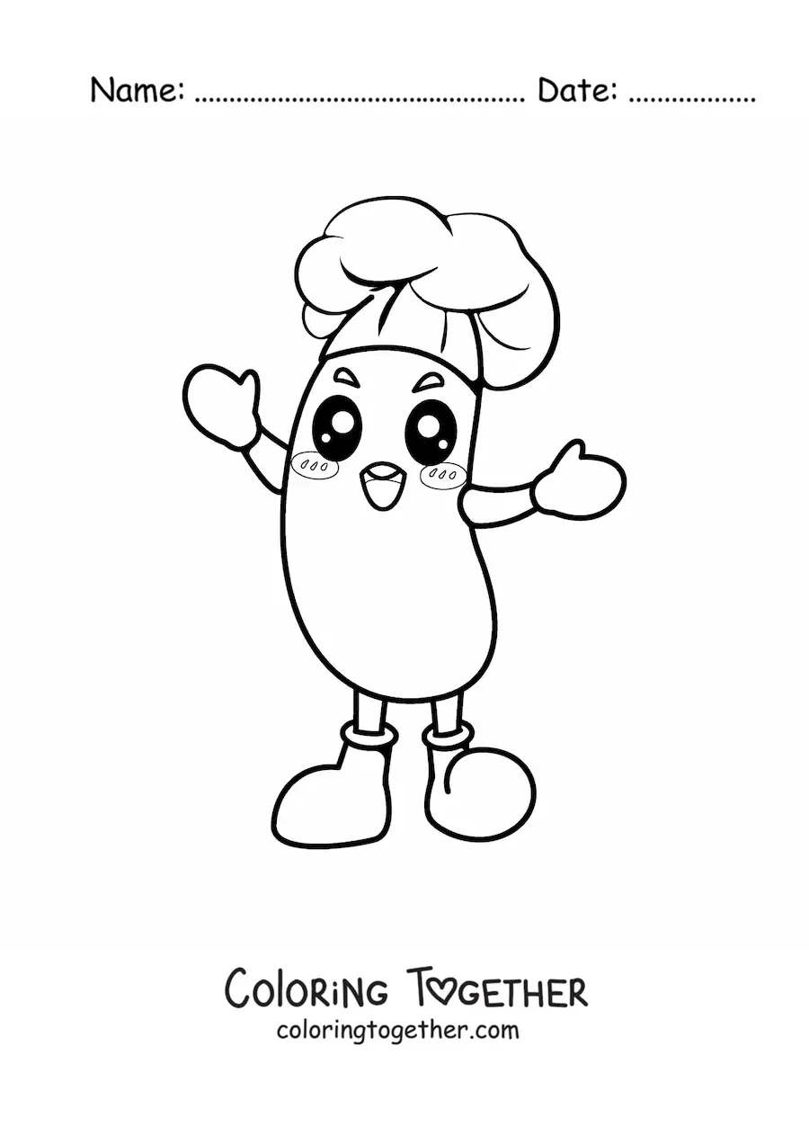 Coloring page of a cute kawaii sausage with a chef hat