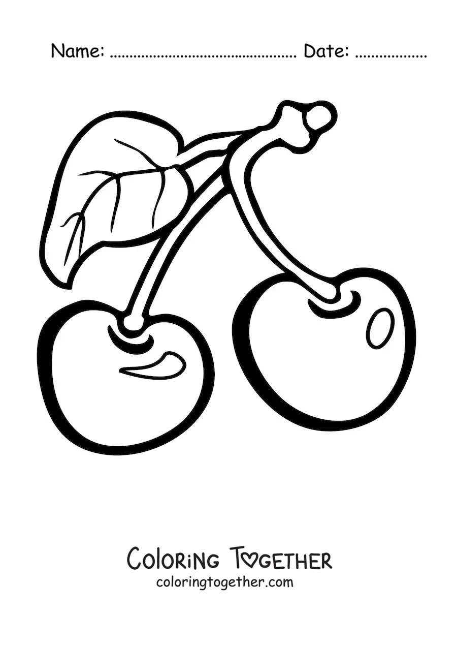 Coloring page of two cherries with a leaf