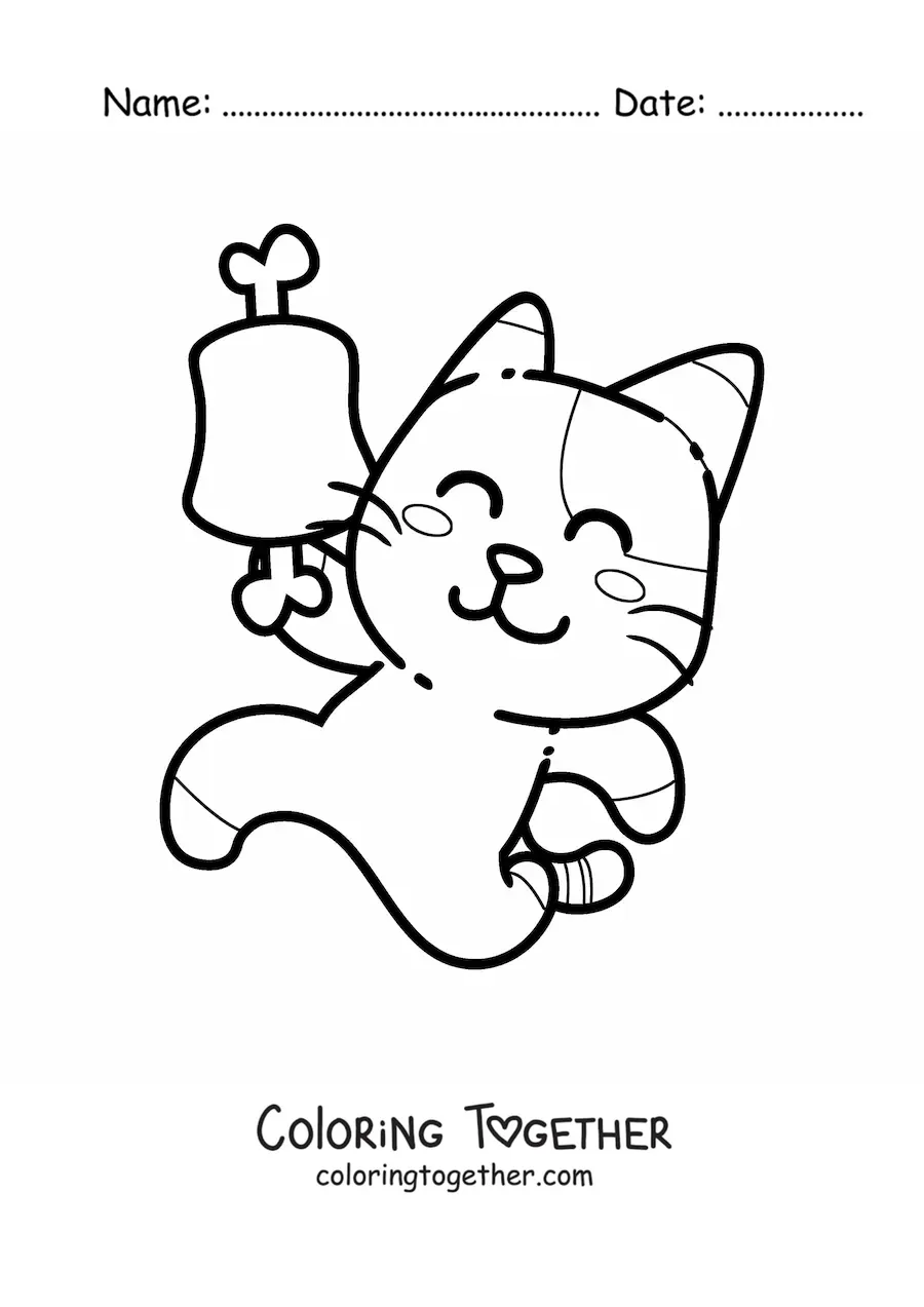 Coloring page of a cartoon cat with a rib