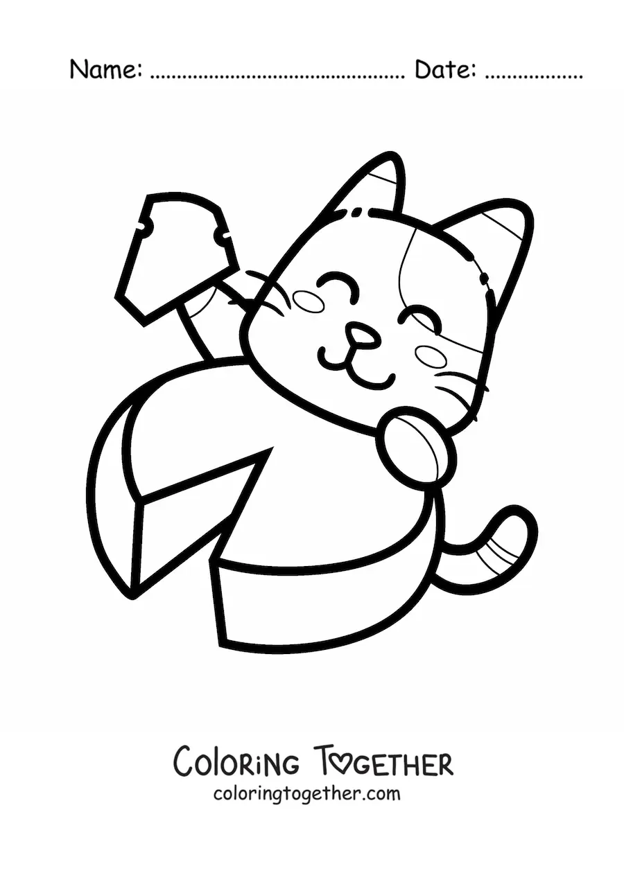 Coloring page of a cartoon cat eating cheese