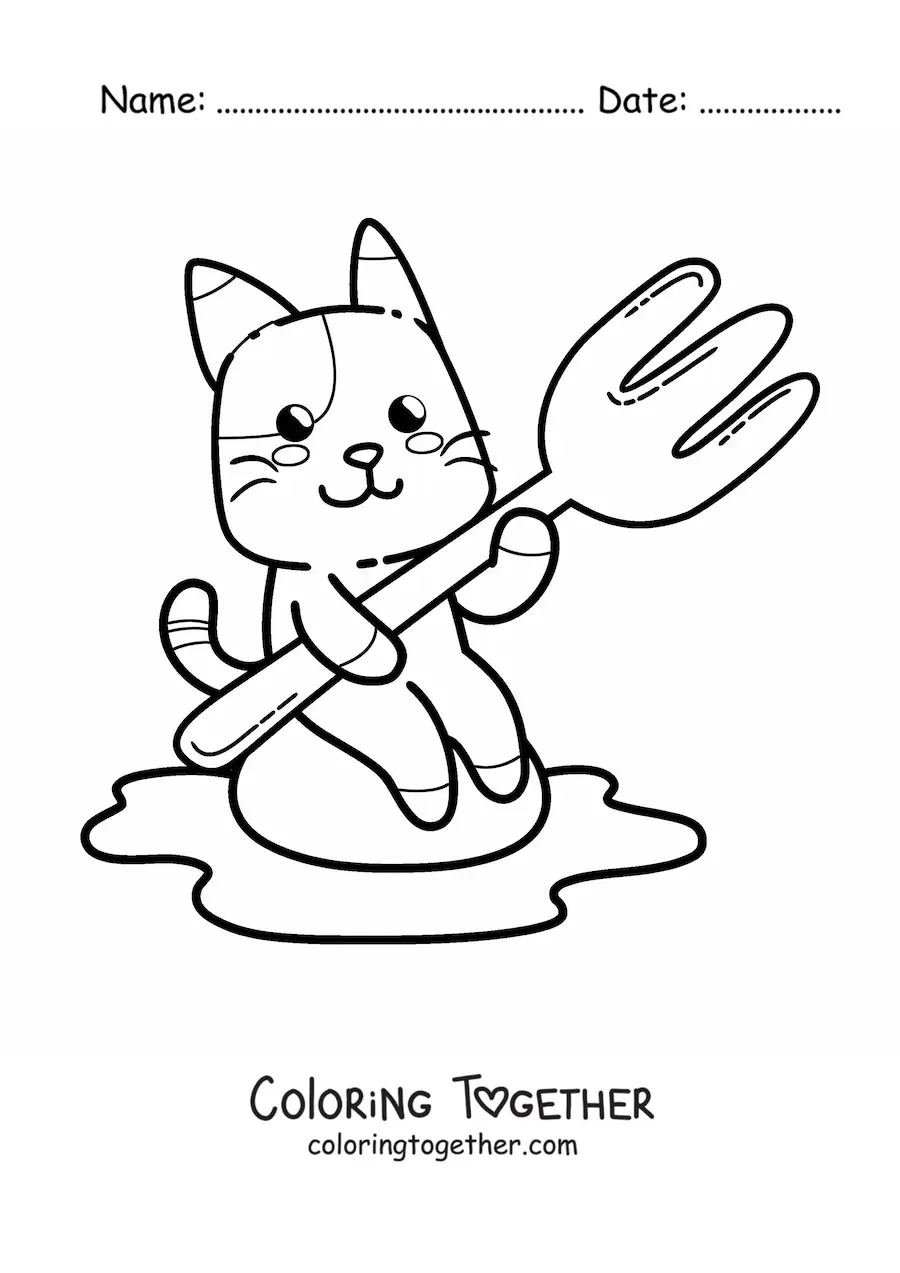 Coloring page of a cartoon cat with a fork and a fried egg