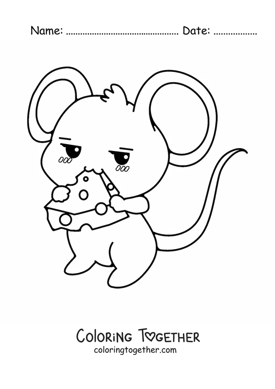 Coloring page of a cute kawaii cartoon mouse eating cheese