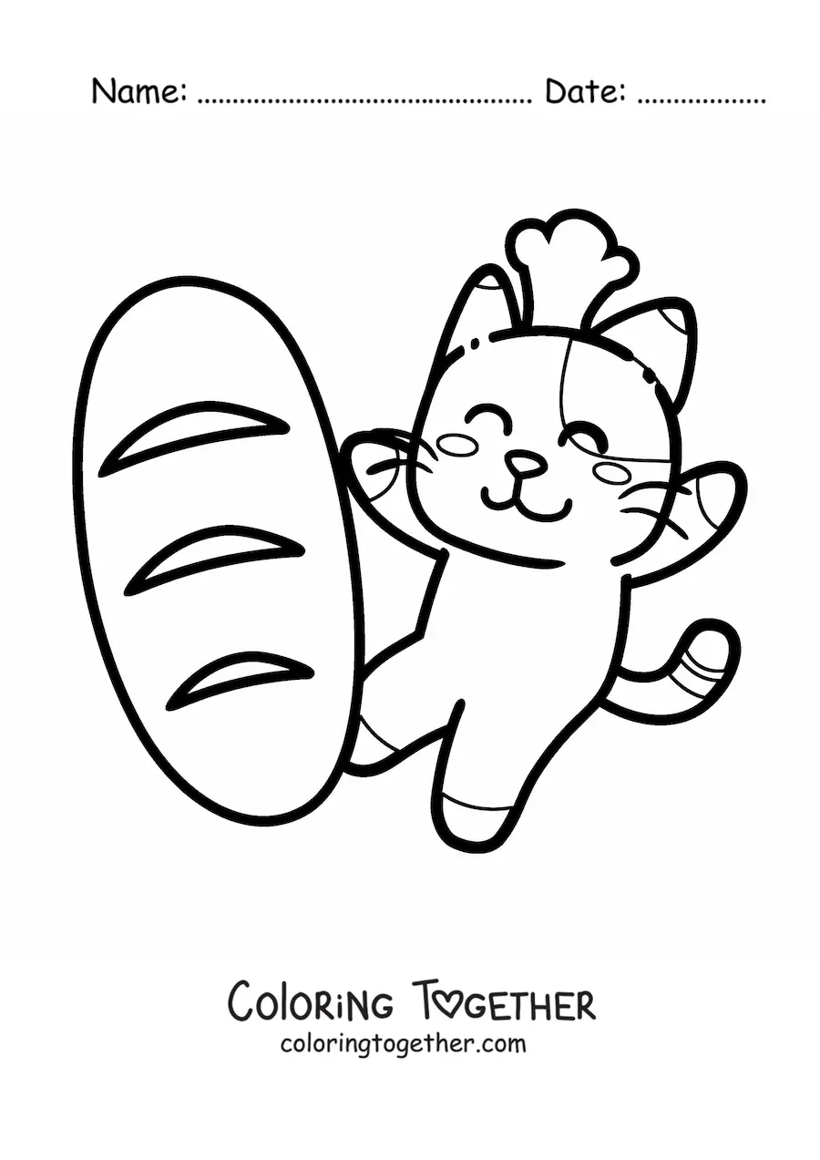 Coloring page of a cute kawaii cartoon cat with wheat bread