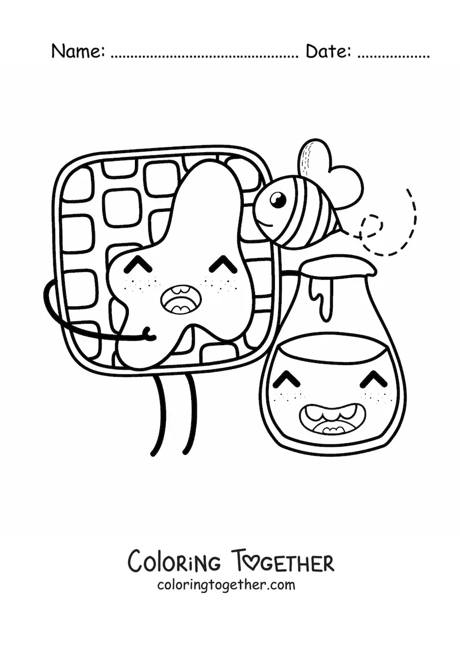 Coloring page of a cute kawaii cartoon waffle with a honey jar and a bee